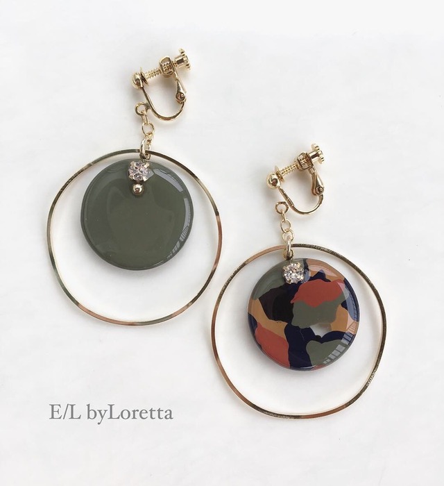 Asymmetry art marble hoop pierce/earring(Khaki Mix)