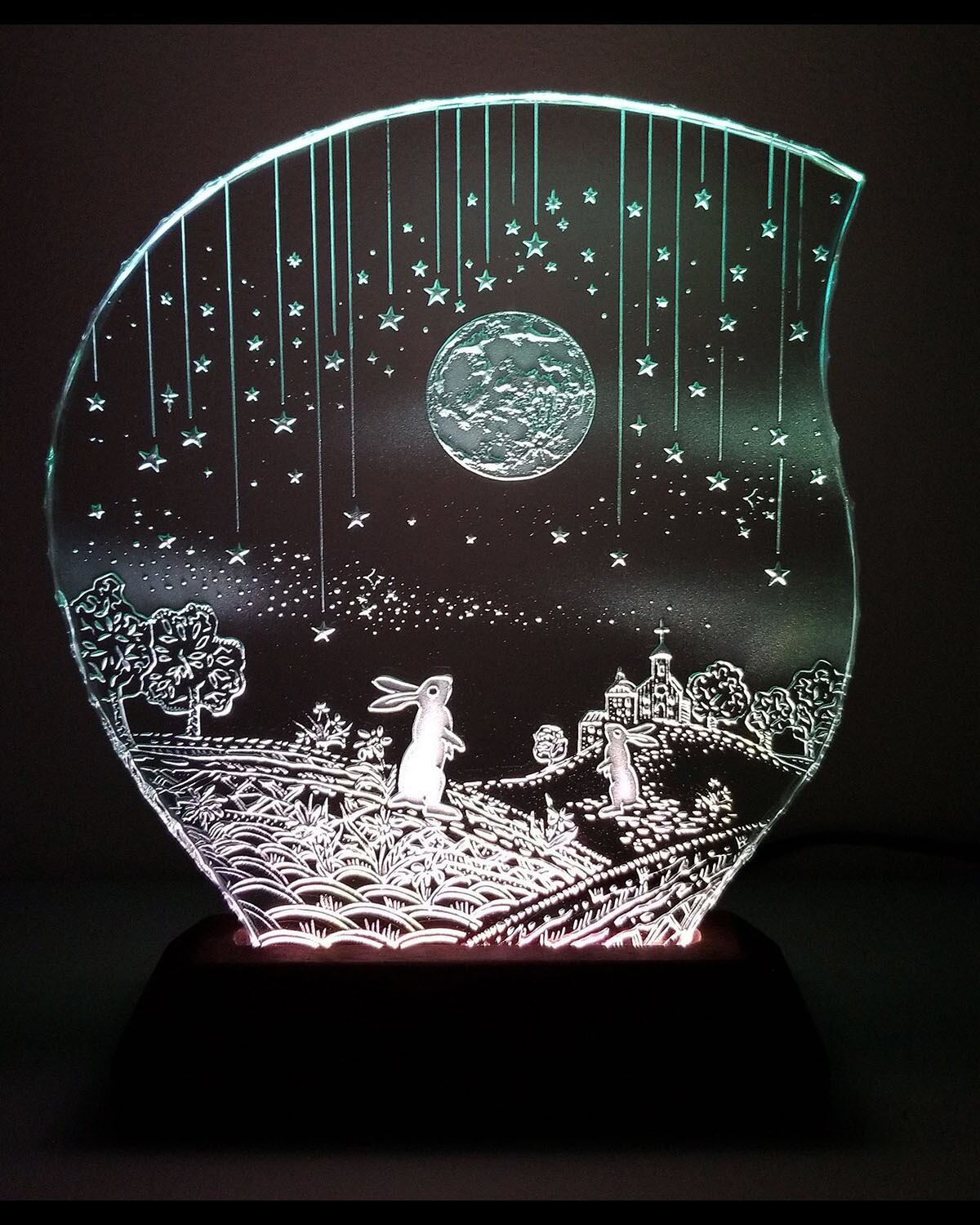 満月と2羽のウサギ (ガラス:Mサイズ)