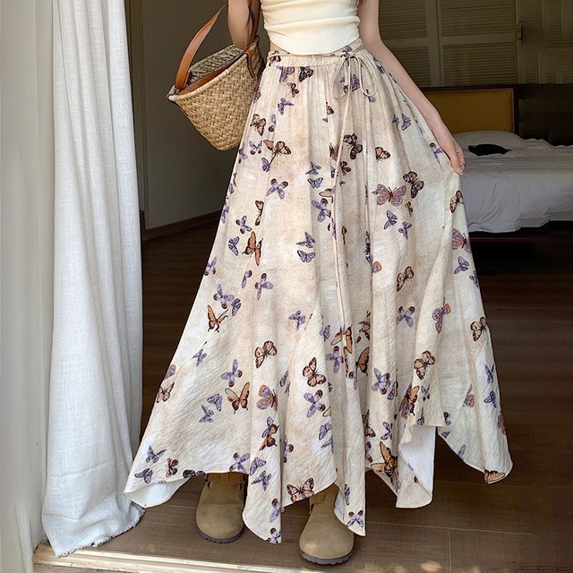 【JIGUJIGUシリーズ】★チャイナ風スカート★ 蝶々 プリント ボトムス レディース 着痩せ 大きいサイズ 可愛い