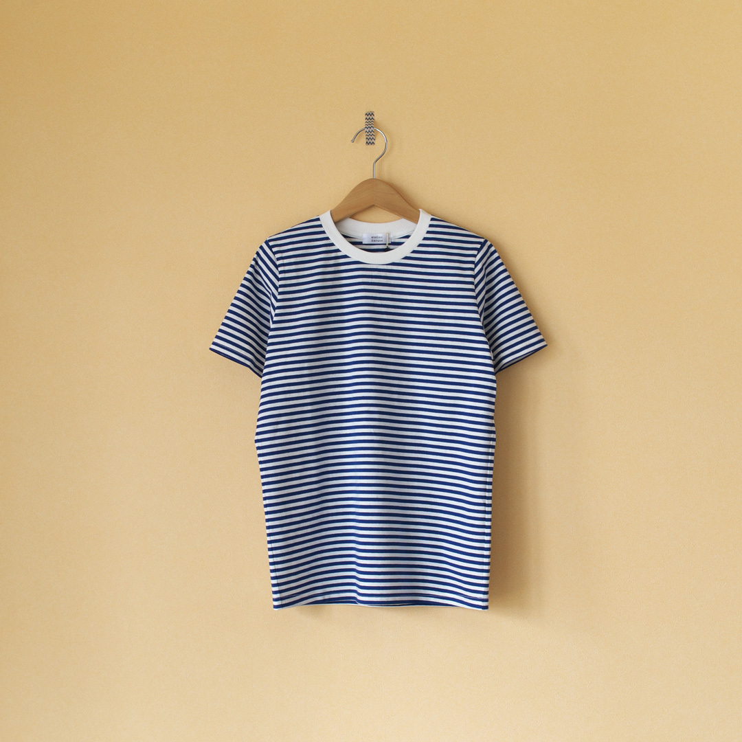 atelier naruse アトリエナルセ コットンボーダーカットソー cotton border cut&sewn・オフホワイトxブルー