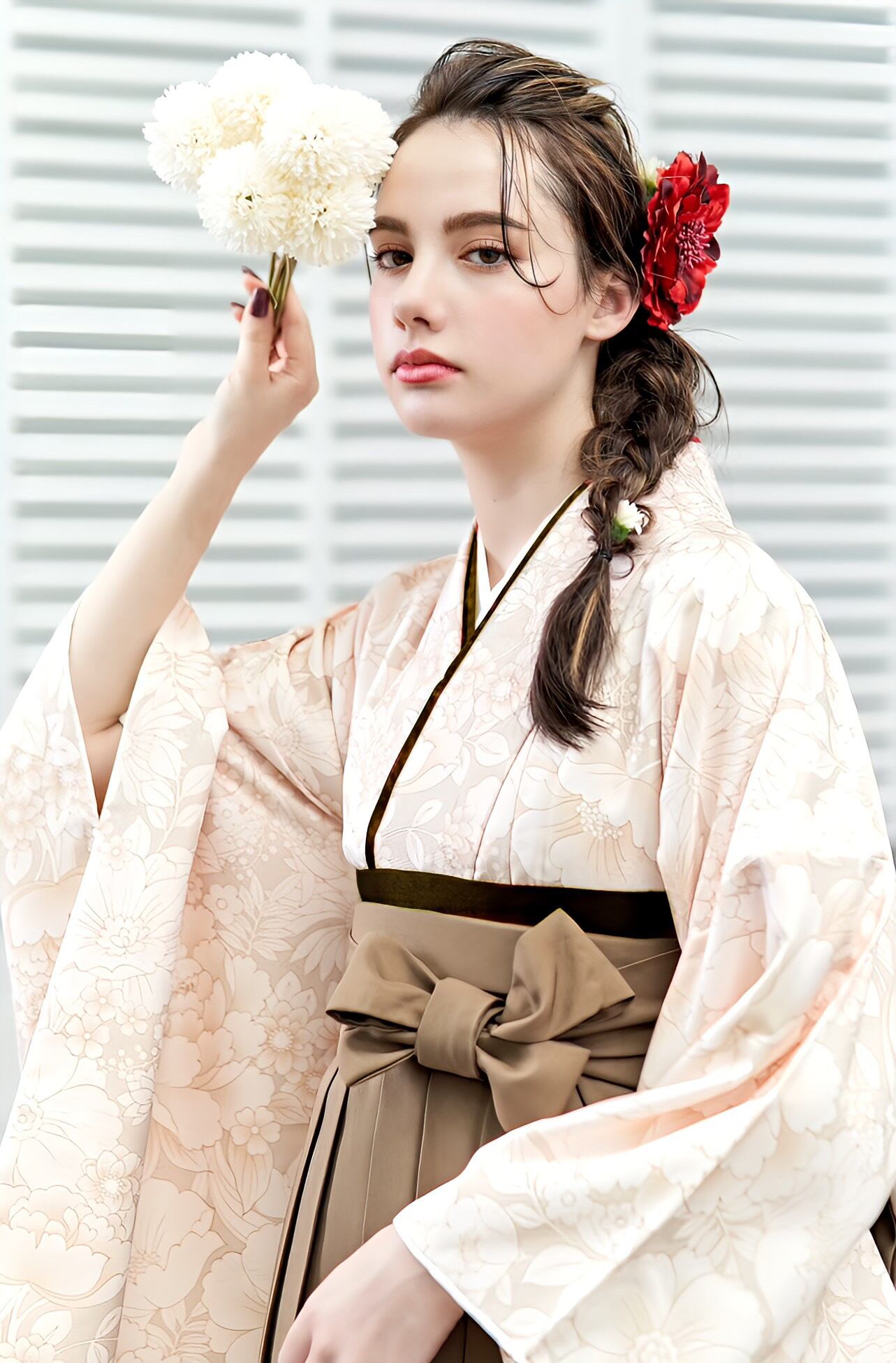 Kimono Sienne 卒業式袴3点セット ベージュ×ブラウン袴 ボタニカル 袴 