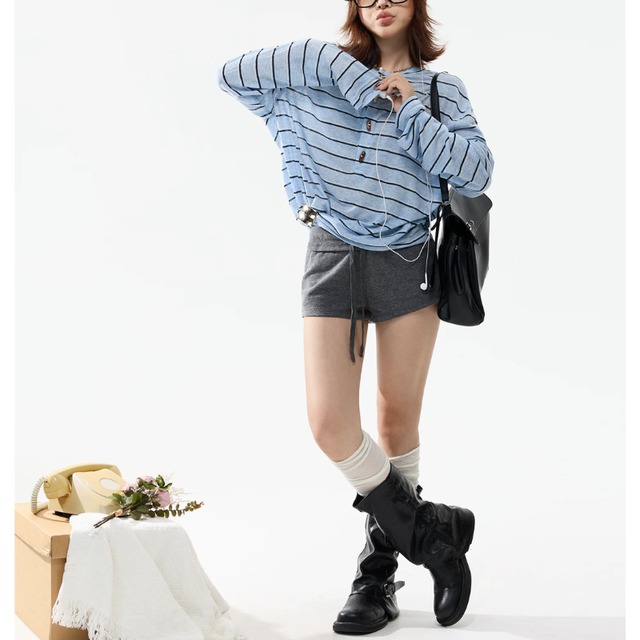 button-front blue border long tee　ボタンフロントブルーボーダーロングティー　J2106