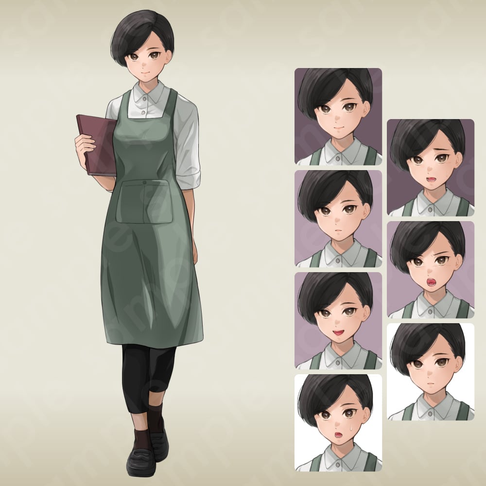 立ち絵素材】冷静で落ち着いた黒髪女性キャラクター・緑エプロンの