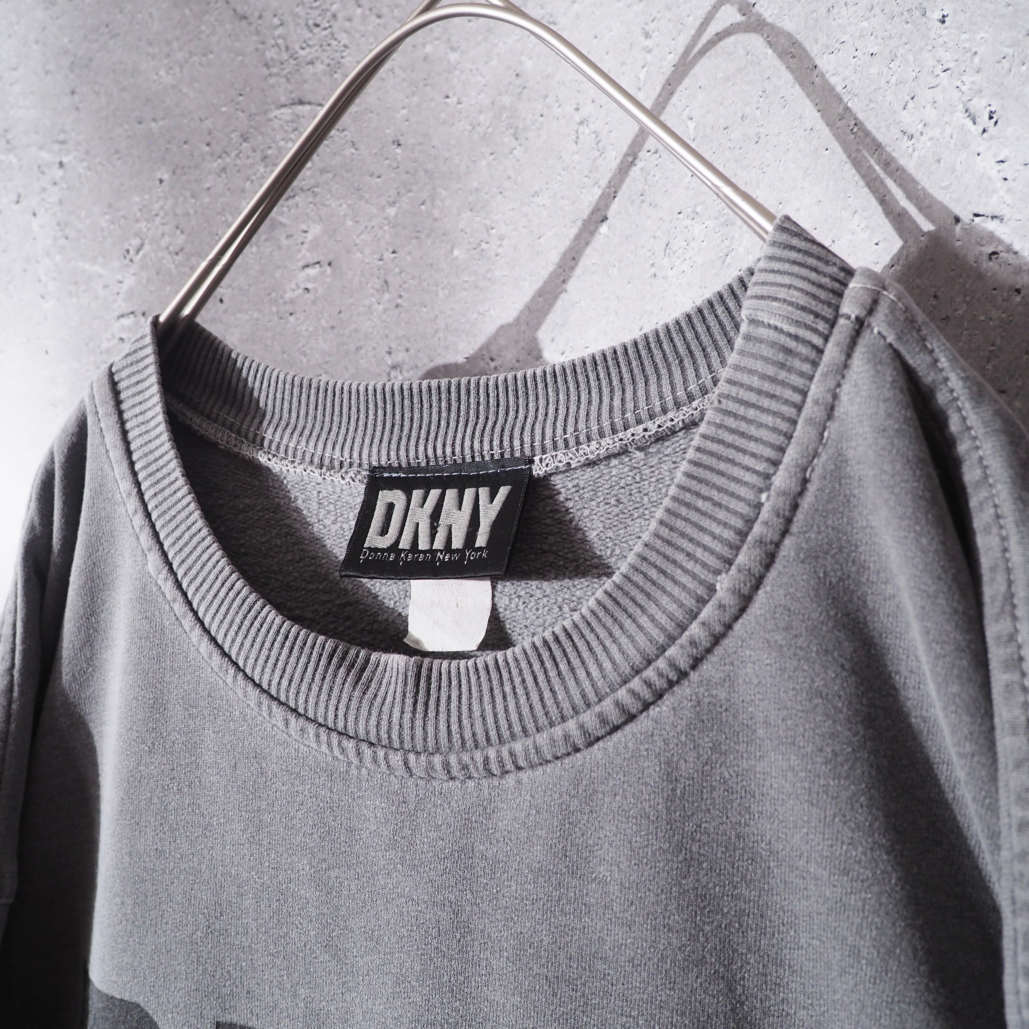 1990s " DKNY " Good Fade × Logo Printed vintage loose sweat shirt (Made in USA)