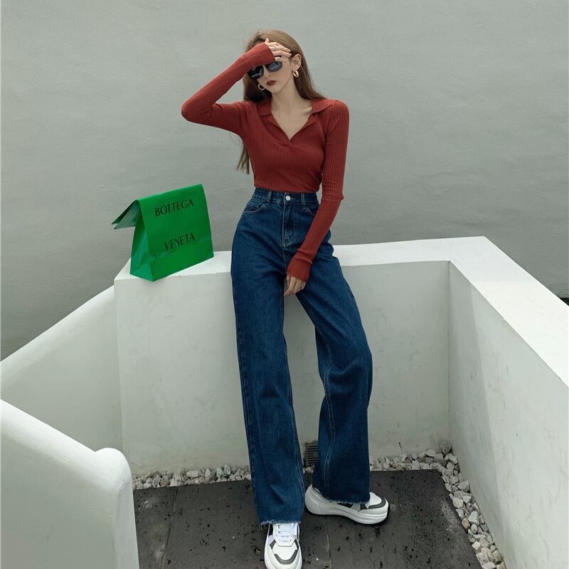 ファッションスーツレディース2020年秋新作スリムボトミング長袖ニットトップハイウエストデニムワイドレッグパンツ ドラファッションホール94618058741