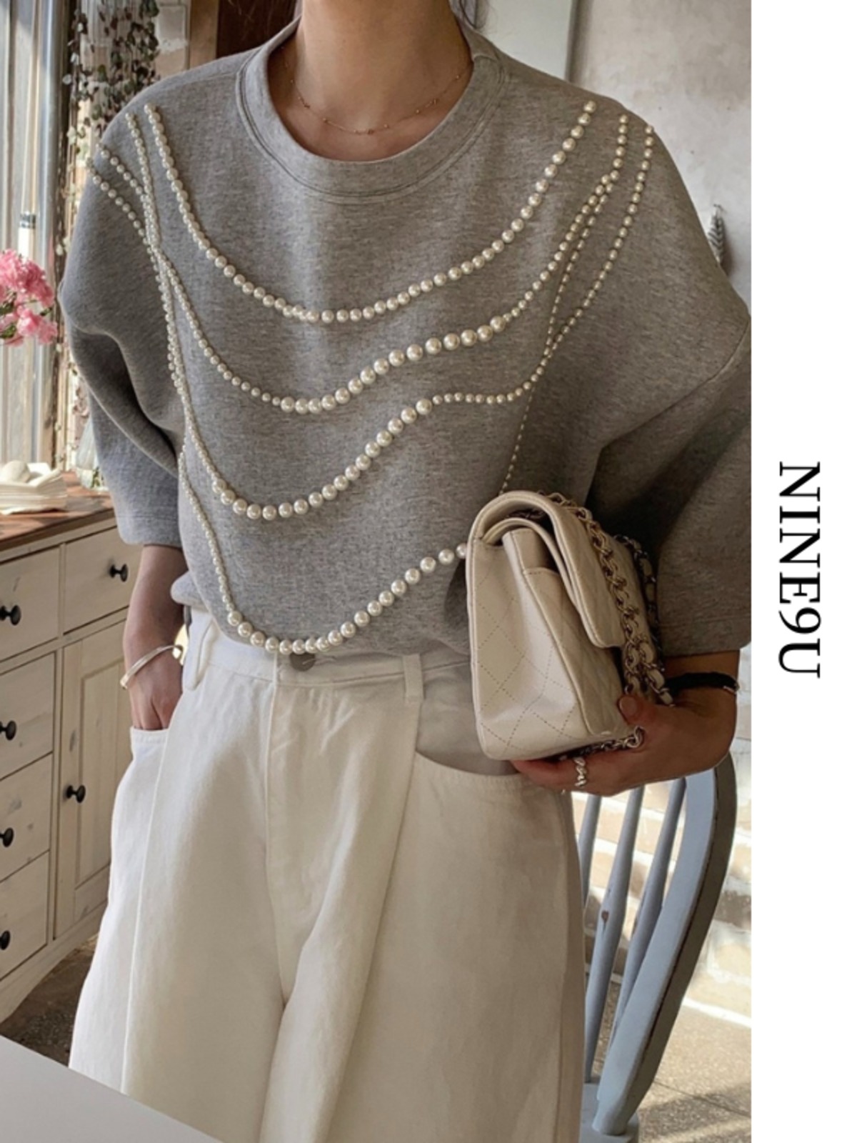pearl-line oversize rond-neck 3color【NINE9459】 | NINE9U