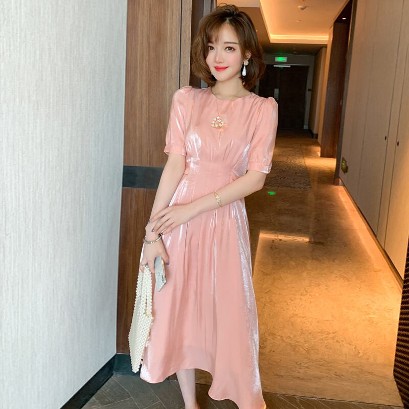 ラウンドネックプリーツウェストハイウェストスリムドレス スプリング 春物 Oネック MIUCO94634888497