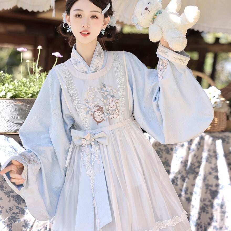 中華ロリータ｜アリス風うさぎ刺繍の3点セット（ブルー）撮影会対応