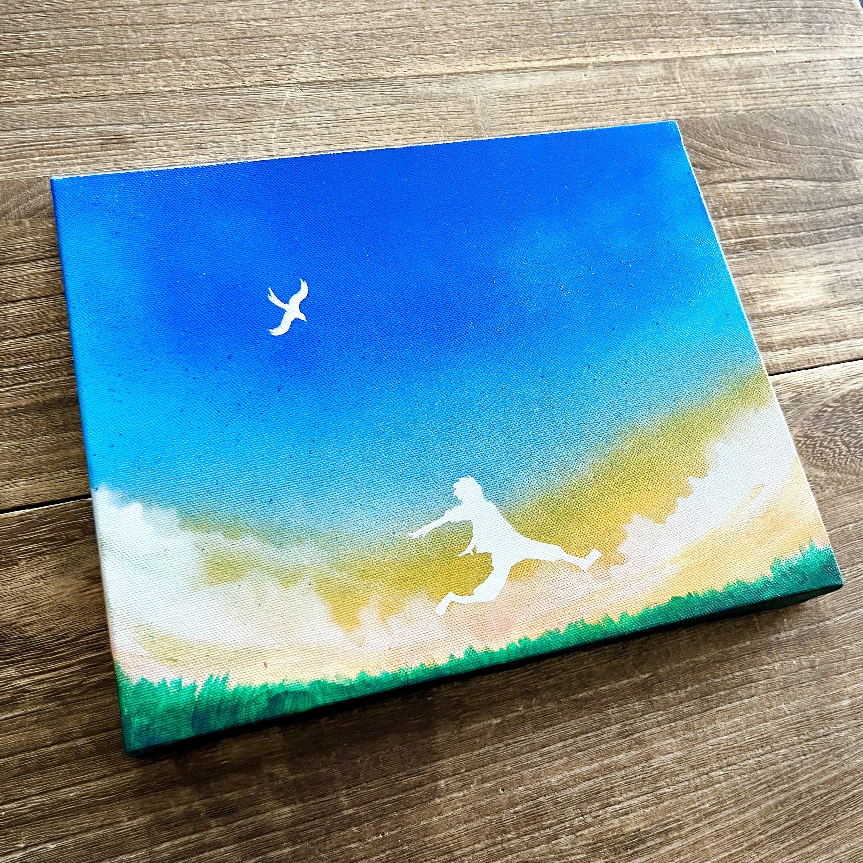 あの空まで飛べたら」 原画 空×鳥×少年 青 絵画 キャンバス 風景画
