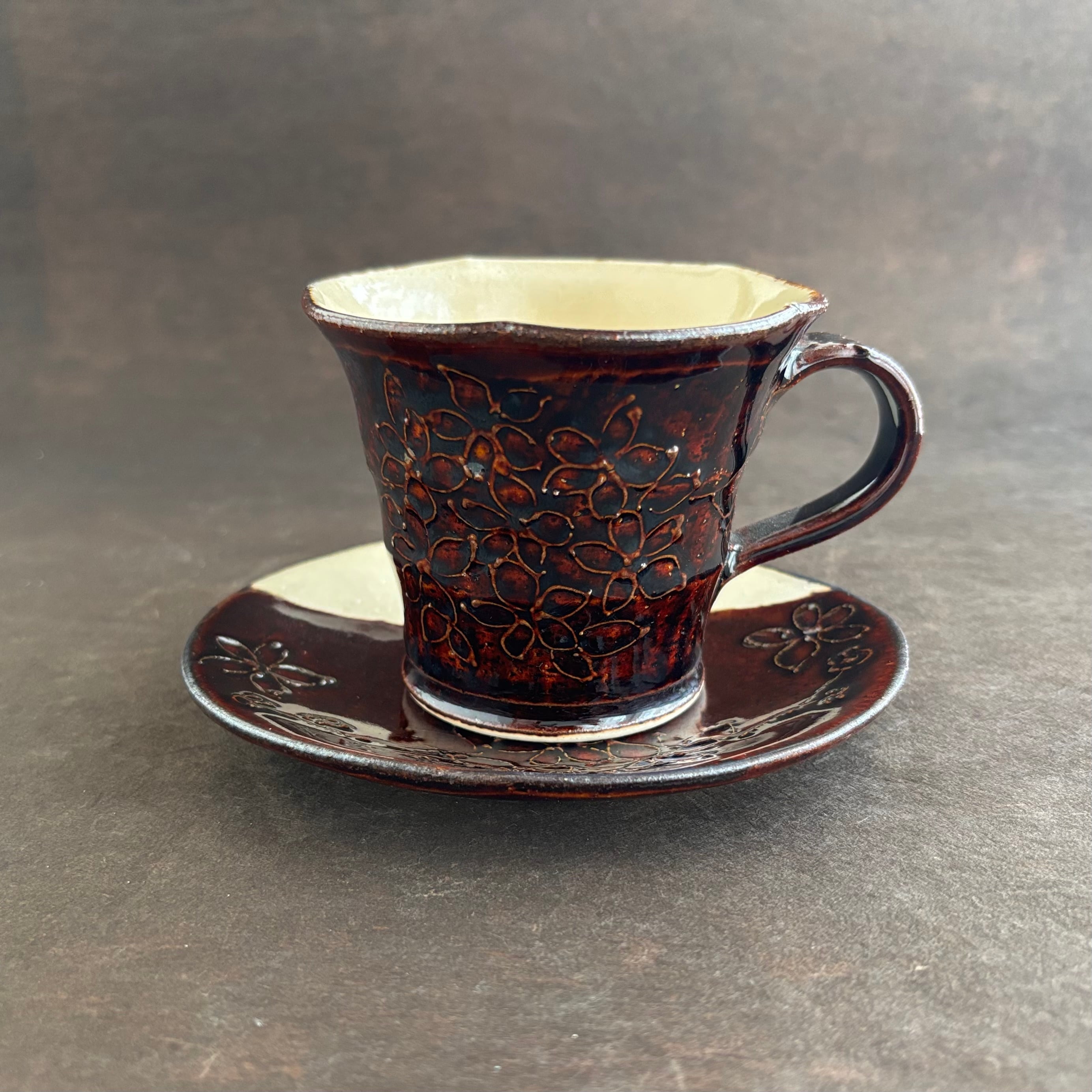 土和のルリエフ　飴釉　お花形ミニマグカップ