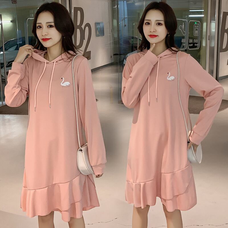 【新作】【送料無料】 027＃マタニティ服春秋長袖イージーマッチングルーズスタイリッシュフードカラードレス妊婦ママドレス ロング スプリング 春物 オータム 秋物 AL expec38016779522