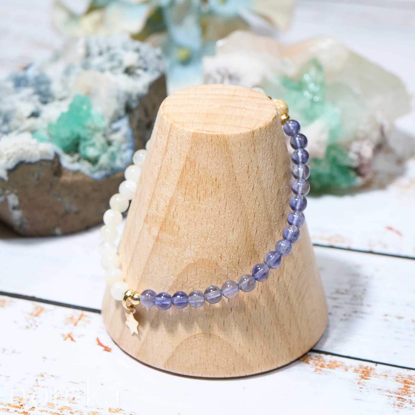 【正しい道を見出す】アイオライト×ムーンストーン デザインゴムブレス(約15cm) naw25-0002