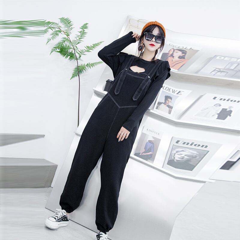 プラスサイズの女性の秋の新製品ファットシスターバージョンのルーズ長袖Tシャツトップストラップジーンズツーピーストレンド ミックスインファッション51643677828