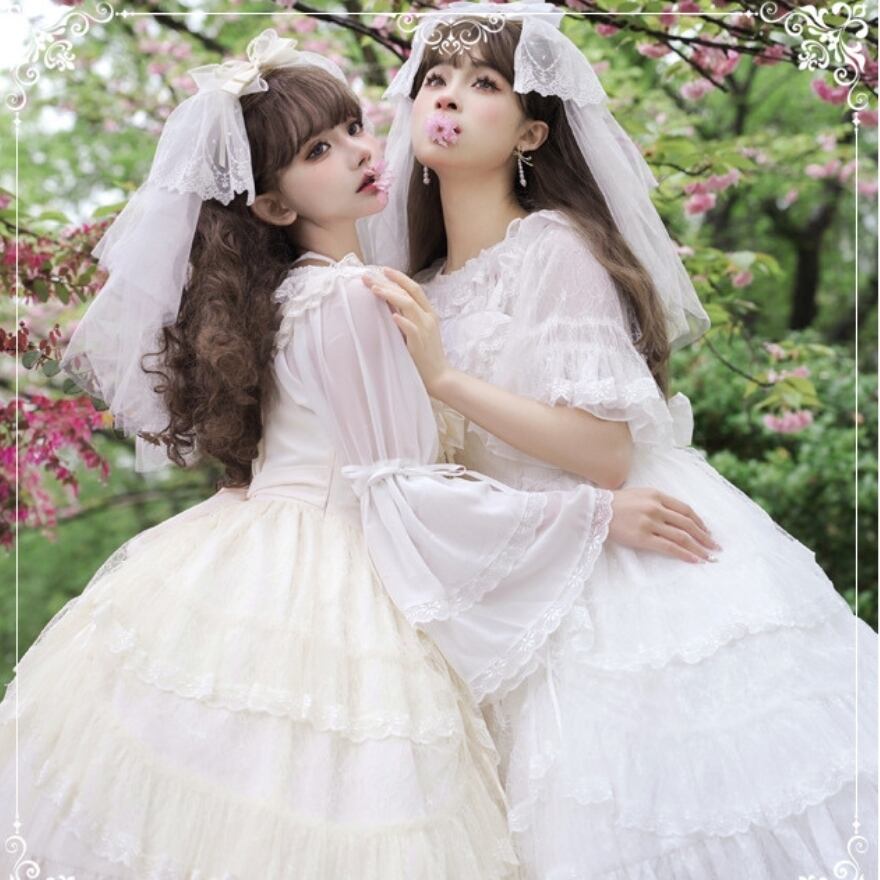 ホワイトロリータウェディングドレス フリル付き 甘いロリータウェディングドレス白いボウノットフリルティー