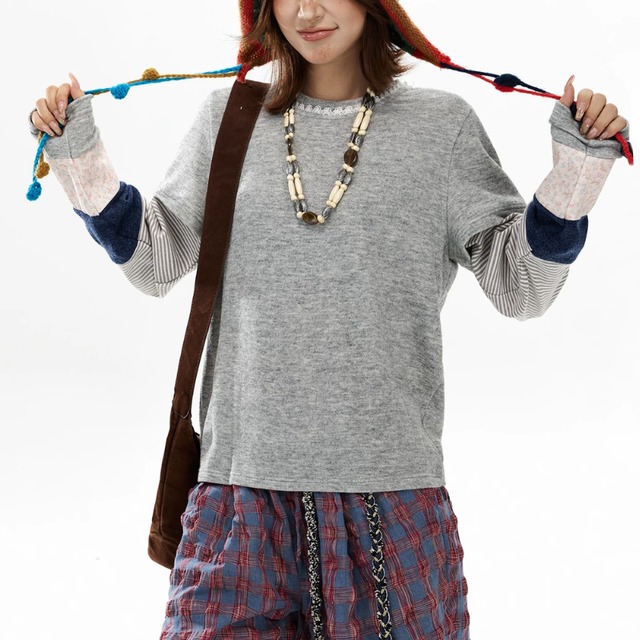 grey mix layered-sleeve tee　グレーミックススリーブレイヤードティー　J2122