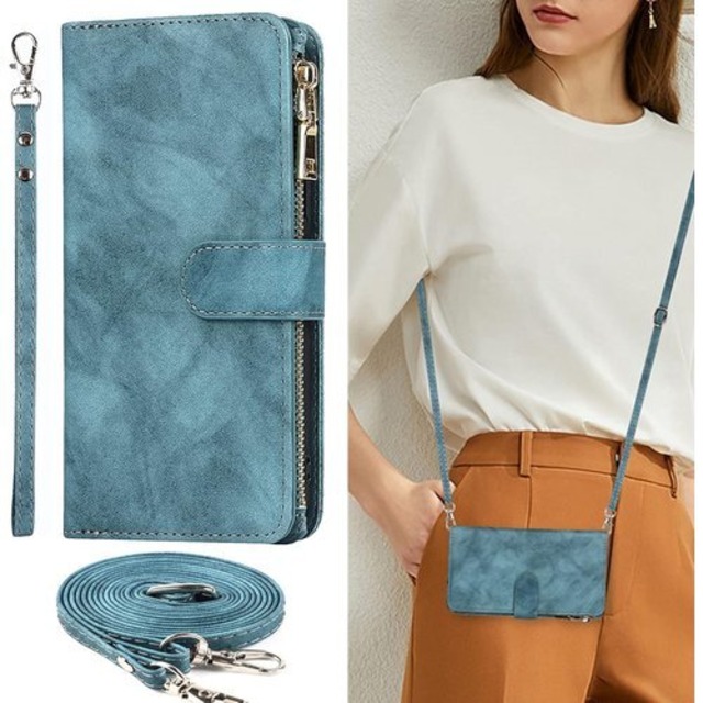 S21 plus ケース 手帳型 ショルダー クロスボ カバー サムスン ギャラクシー S21plus スマホケース 携帯カバー 手帳型 財布 case 適用 iCoverCase ストラップホール付き カード収納 バッグ マグネット 留め具 肩がけ 首掛け 斜め掛け カードケース ファスナー型 ストラップ付き カバー ショルダーケース クロスボディケース カード入れ スマホケース 携帯カバー レトロ ブルー レトロ ターコイズ 1095