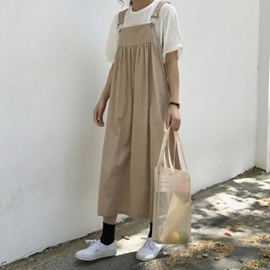 【送料無料】ナチュラル ジャンパースカート ロング丈 スクエアカラー レトロ ラフ カジュアル リラックス レディース サロペット 体型カバー 2色 AI-004KI