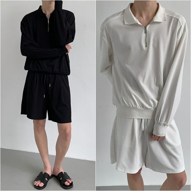 【予約販売】メンズ セットアップ 上下 ハーフパンツ 長袖 ジップアップ  無地 ブラック ホワイト  ハイネック きれいめ カジュアル リラックス 部屋着 春 夏 秋 韓国 トレンド こなれ感 S/M/L