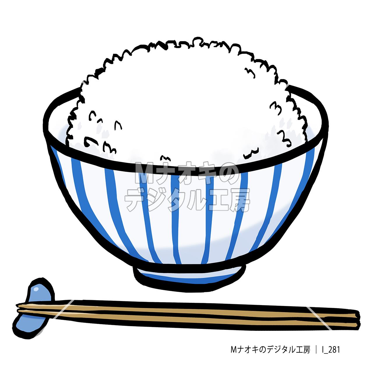 大盛りご飯と箸（筆タッチ） 【I_281】 A large serving of rice and chopsticks （brush style）