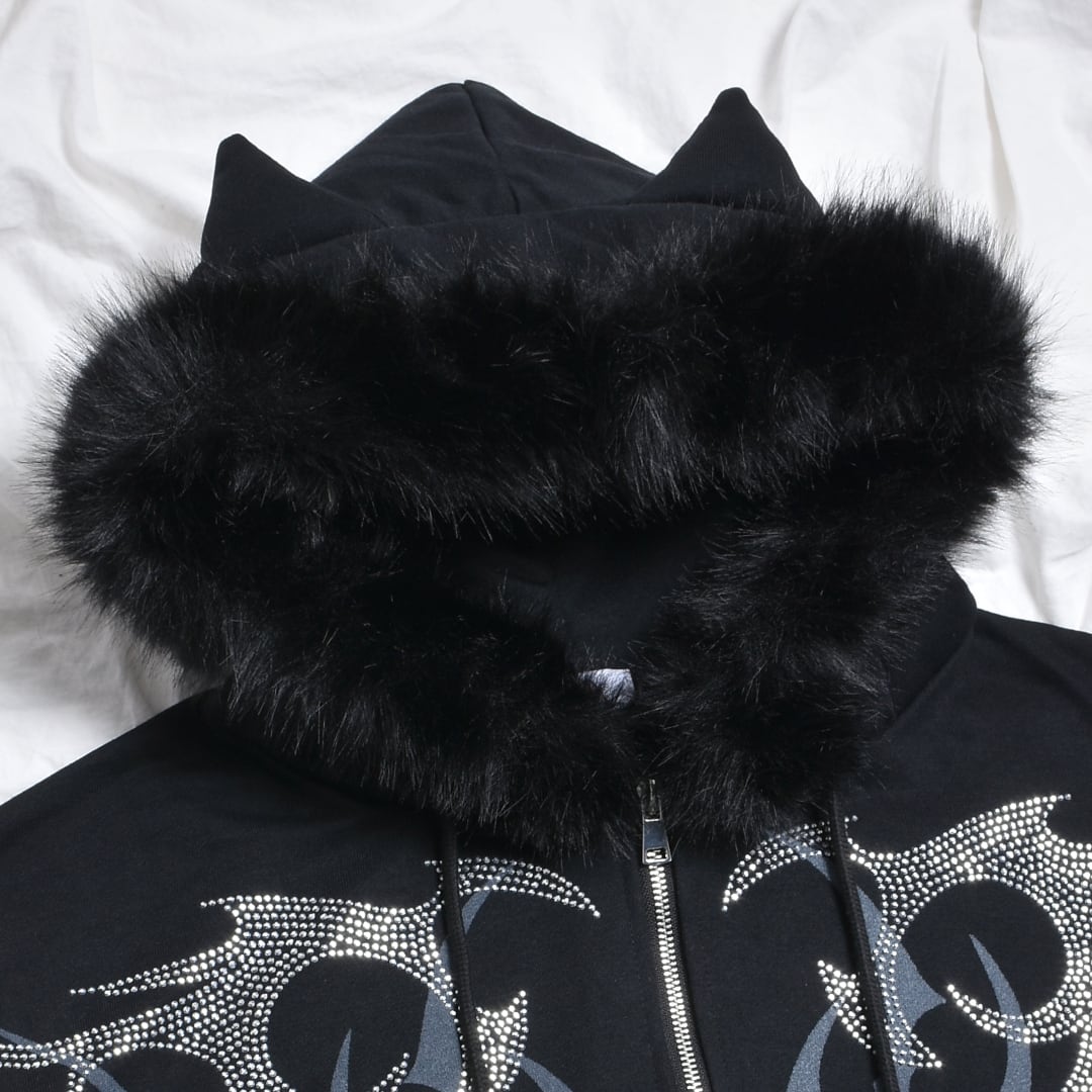 VOLUCAN&APHRODITEラインストーン猫耳パーカー 渋谷店で人気！】ラインストーン ネコ耳レオパードファーZIP