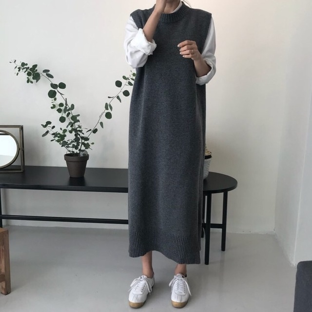 【送料無料】ニット服　ニットウェア　ニットワンピース　ニットベスト　2色 韓国ファッション（DM0365）
