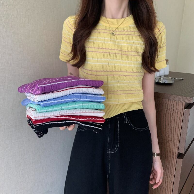 サマールーズショートストライプトップス 薄手ニットTシャツ 夏物 YY-ファッション19258888623