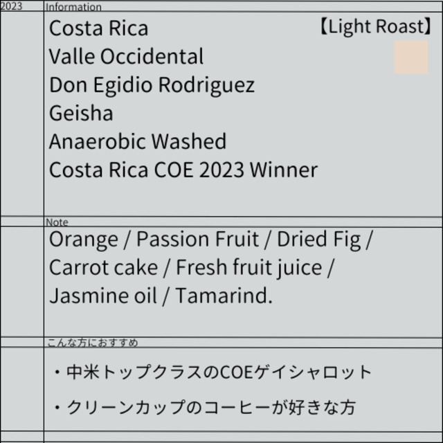 Costa Rica COE Winner-Don Egidio Rodriguez /Geisha/Anaerobic Washed/Light