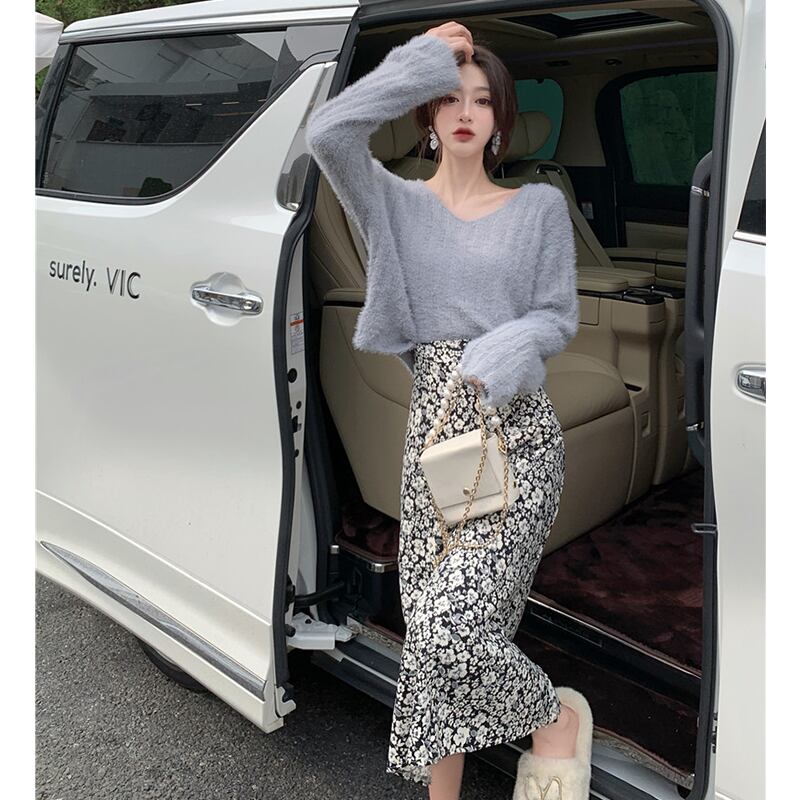 ショートセーター ルーズニットVネックプルオーバー トップス ロング ウィンター 冬物 YY-ファッション68214317770