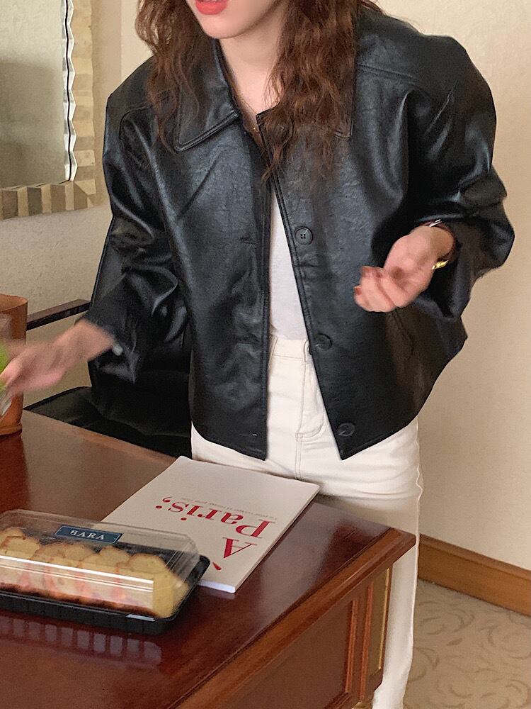 ブラックレザージャケット オータムルーズ ロング 秋物 モンロー50178320628