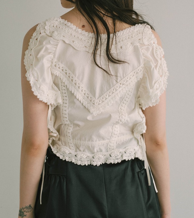 Gather crochet edging TOP・C/#white