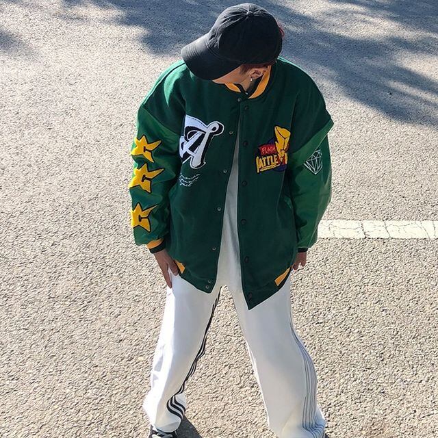 【予約販売】スタジャン ブルゾン アメリカン レザー B系 防寒 メンズ アウター カレッジ風 アメカジ ショート丈 オーバーサイズ ブラック グリーン こなれ感 お洒落 韓国 トレンド 秋 冬 M/L/XL