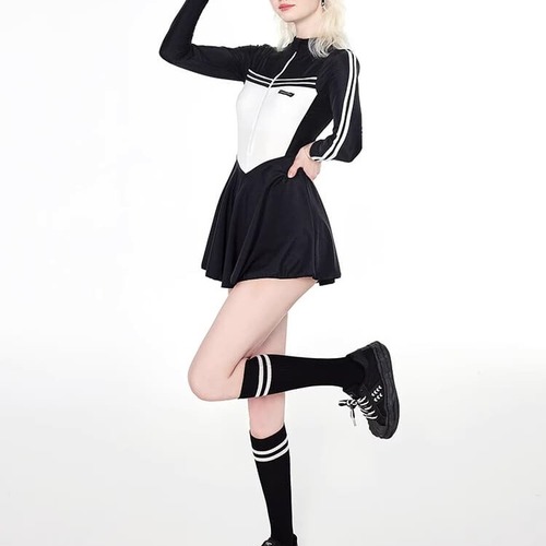 水着 ワンピース 長袖 ラッシュガード スポーティ 日焼け対策 シンプル ママ プール スカート ハイウエスト スイムウェア レディース Aライン サーフィン ybh1634