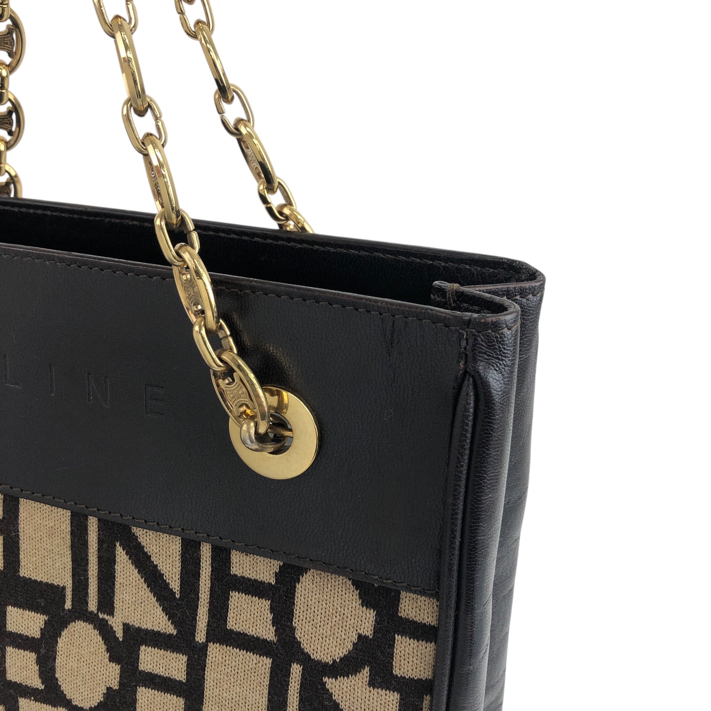 CELINE セリーヌ ハンドバッグ ブラウン ロゴ 刺繍 ニット レザー