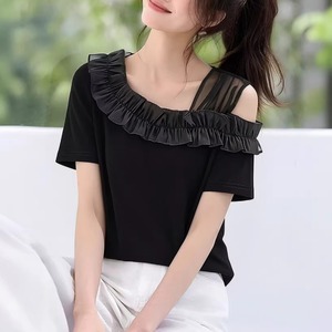 black asymmetrical off shoulder ruffle top＜t3174＞