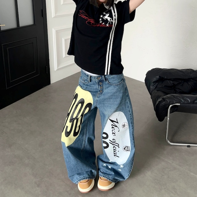 オーバルグラフィックダメージライクカーブデニムパンツ 2col R02531
