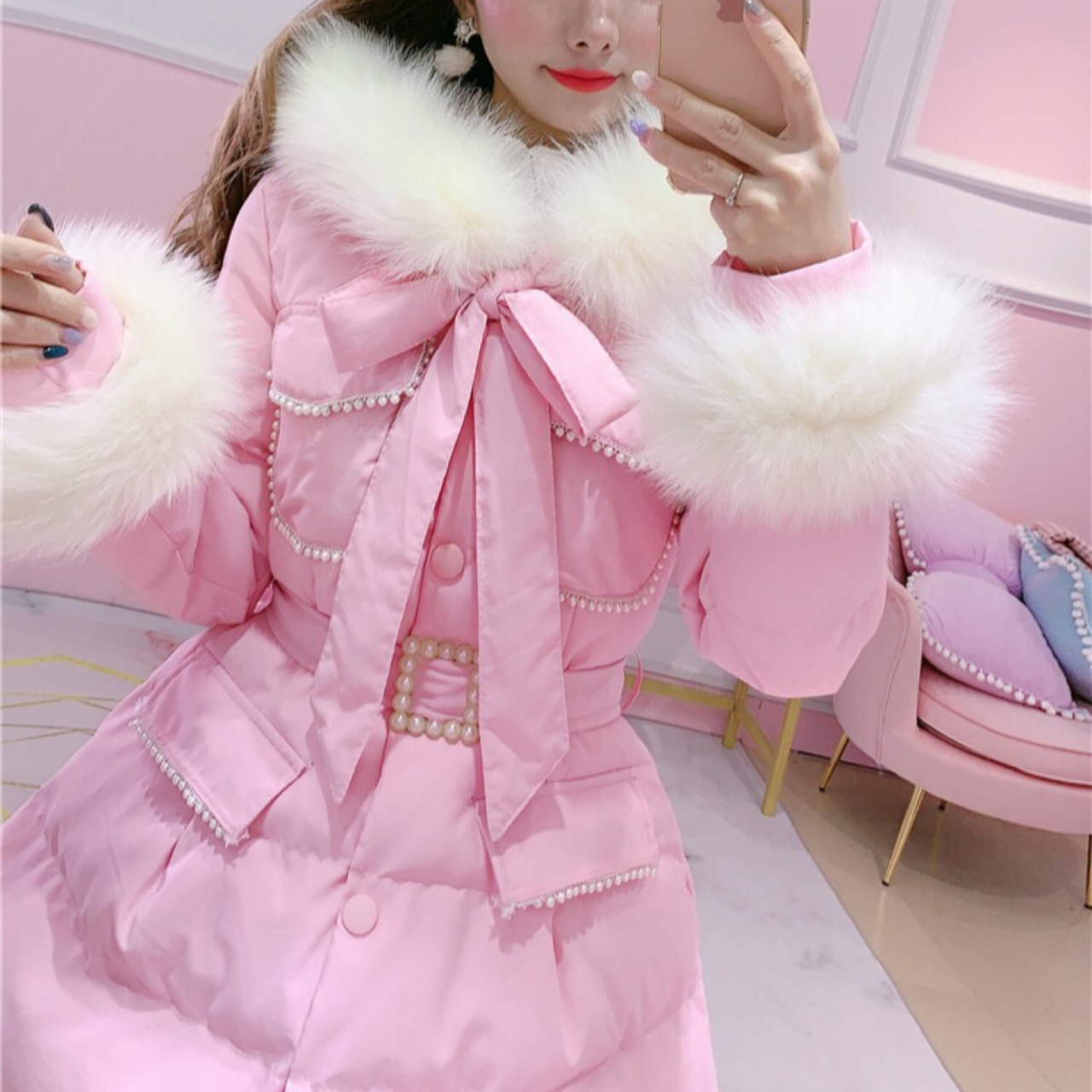 ピンク ダウンコート ファー ホワイト フード リボン 可愛い 姫 