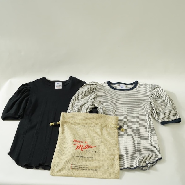 アメリ AMERI × MILLER POOFY TOPS カットソー トップス 半袖 2枚セット ボーダー 無地 メッシュ巾着