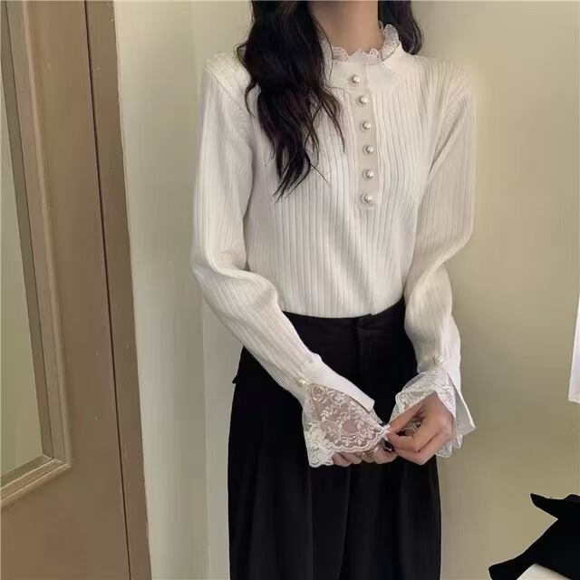 パールボタン　レース付きリブニット  AJ−12541-072