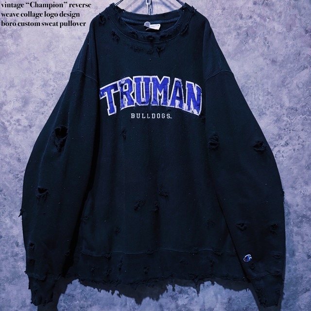 【doppio】vintage “Champion” reverse weave collage logo design boro custom sweat pullover