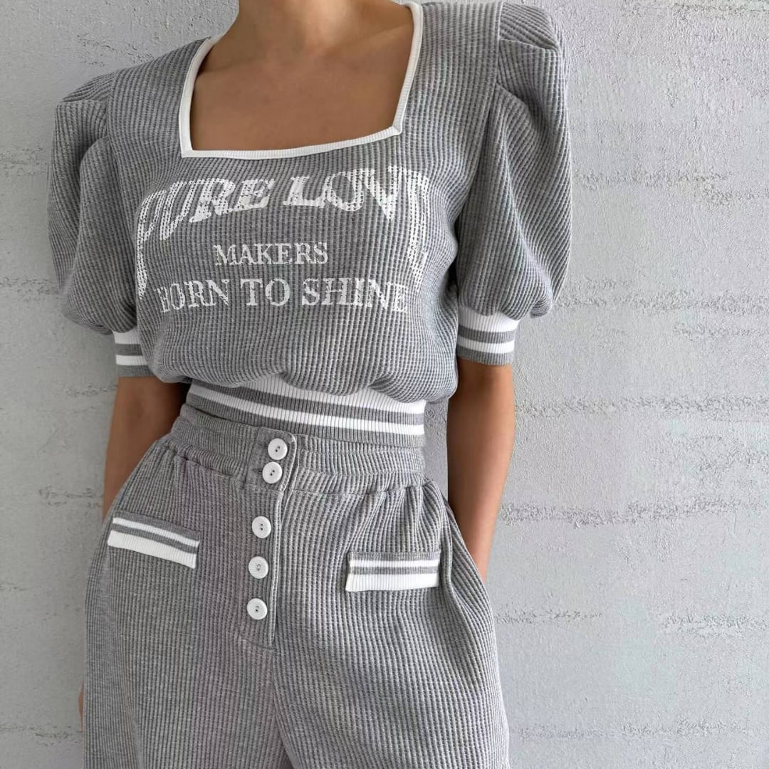 パフスリーブ クロップド トップス & パンツ セットアップ 3412597