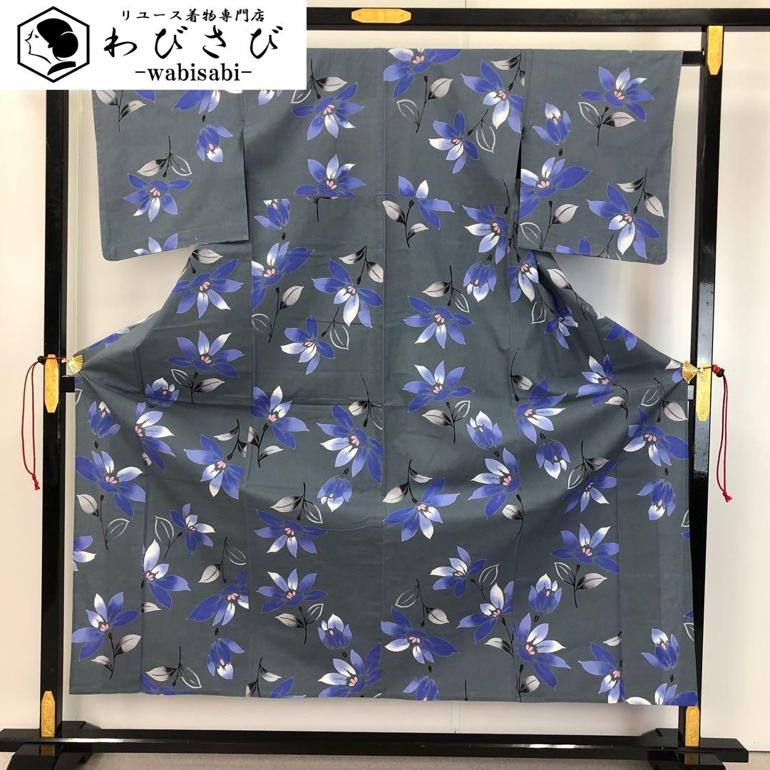夏着物 浴衣 うちわに花模様 留紺色 トールサイズ しつけ糸 K-5979