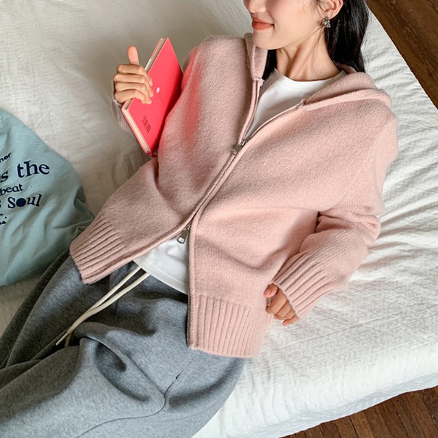 zip-up hooded knit cardigan J00060