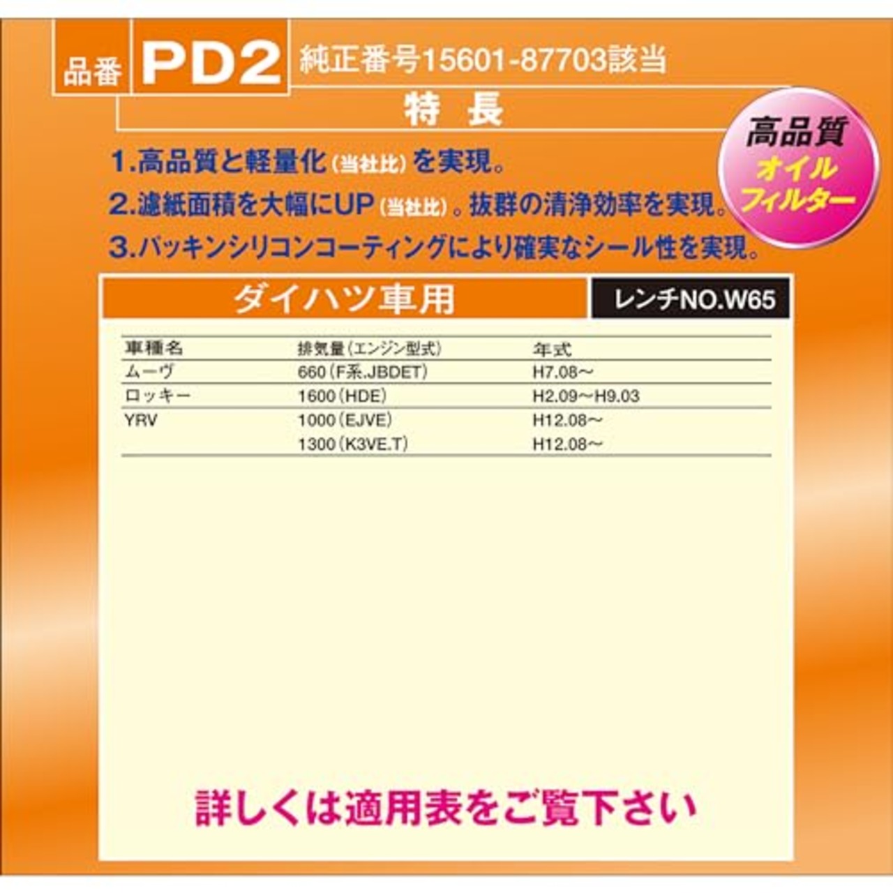 PIAA(ピア) 車用 オイルフィルター オイルエレメント 《当社独自開発のスモールワイドプリーツ採用》 1個入 [ダイハツ車用] ムーヴ・ロッキー・YRV_他 PD2