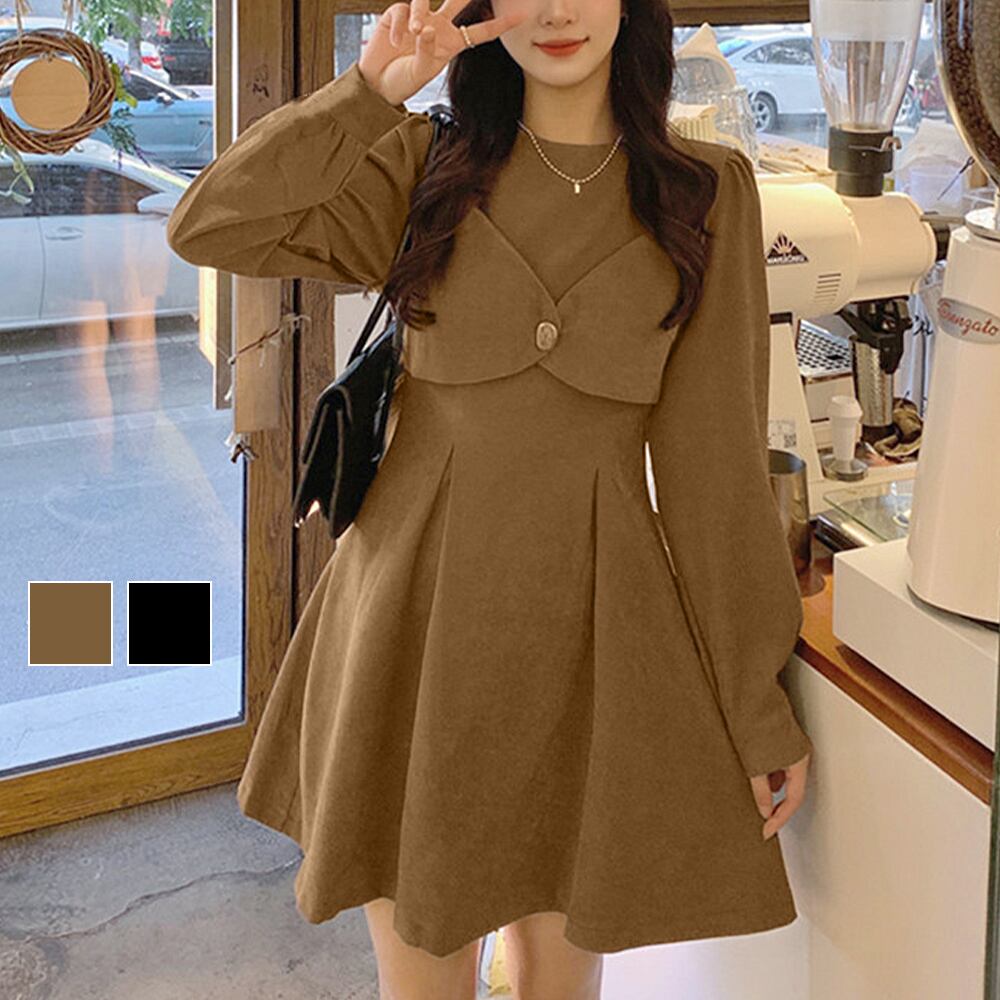 レイヤード風 ミニ ワンピース レディース 秋冬 きれいめ 大人 かわいい フェミニン おしゃれ 大人可愛い 大人女子 ブラック ブラウン Ritz Chic レディースファッション通販