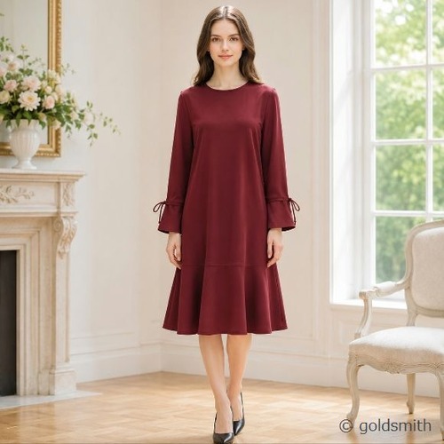 50%OFF エクラタン ワンピース ストレッチ 袖リボン M L レッド ec223055 30代 40代 50代 2022年秋冬 大人かわいい服