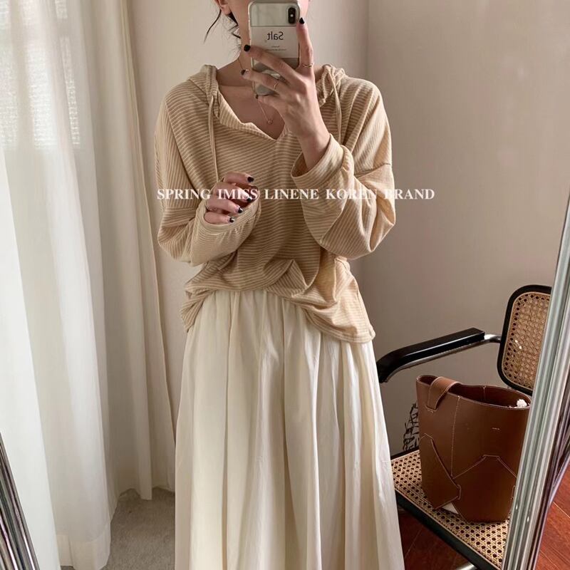 フードセーター スプリングオータム薄手ルーズ長袖スリーブプルオーバー ストライプトップス ジャケット サマー ロング 春物 夏物 秋物 ビッグFスモールZ韓国33095645439