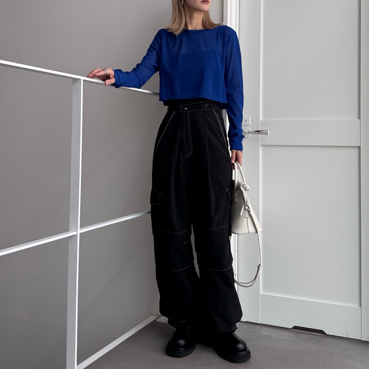 crew neck tulle sheer short tops/bule