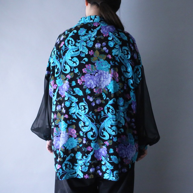 sleeve sheer fabric switching design beautiful flower pattern special shirt