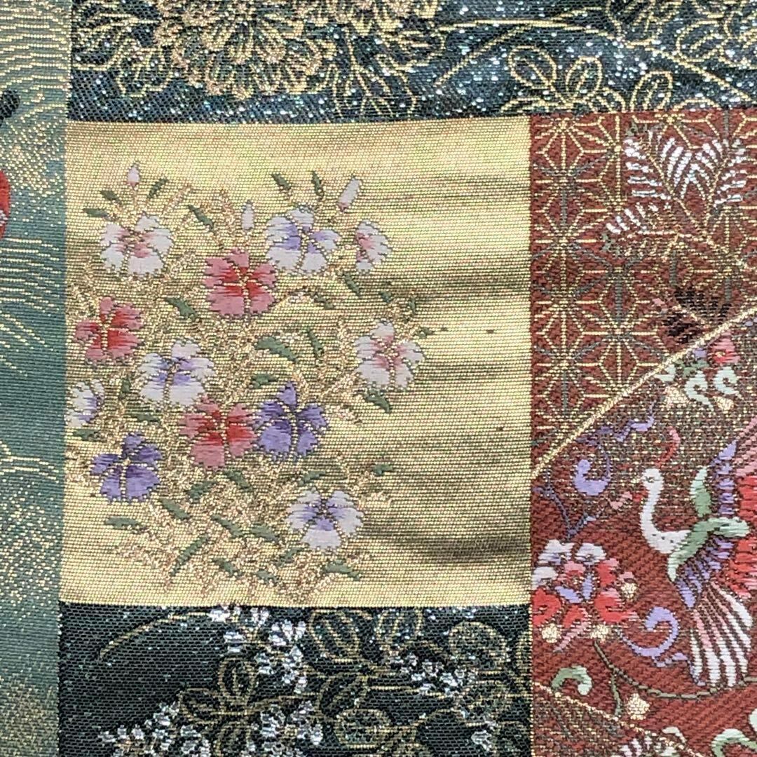袋帯 九百錦 古典市松模様 花柄 鳥 金銀糸 島松鼠色 O-2045 袋帯 九百錦 古典市松模様 花柄 鳥 金銀糸 島松鼠色 O-2045