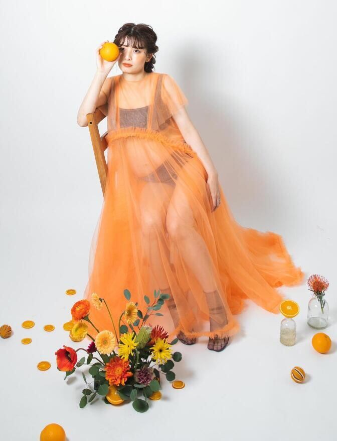 送料無料！透け感あり ビタミンカラーオレンジ シフォンマタニティ  